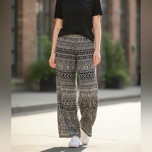 Black Tan Printed Wide Leg Pants High Rise Comfy Travel Large BCX NWT